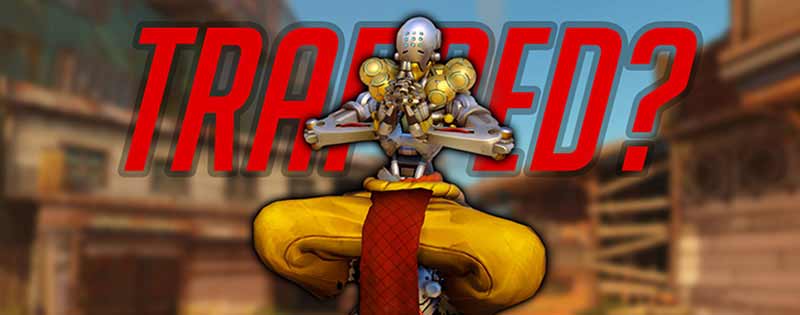 An image of Zenyatta from Overwatch, who floats, confusingly trapped in a Junkrat bear trap - Writing by GamerZakh