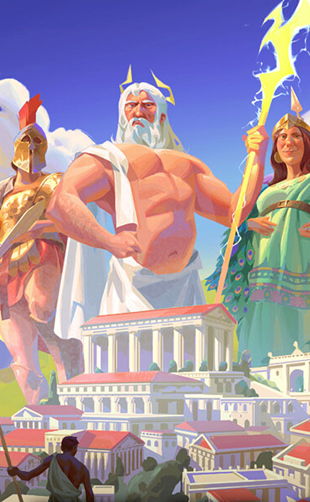 Giant Greek gods in the sky standing over an ancient city,
