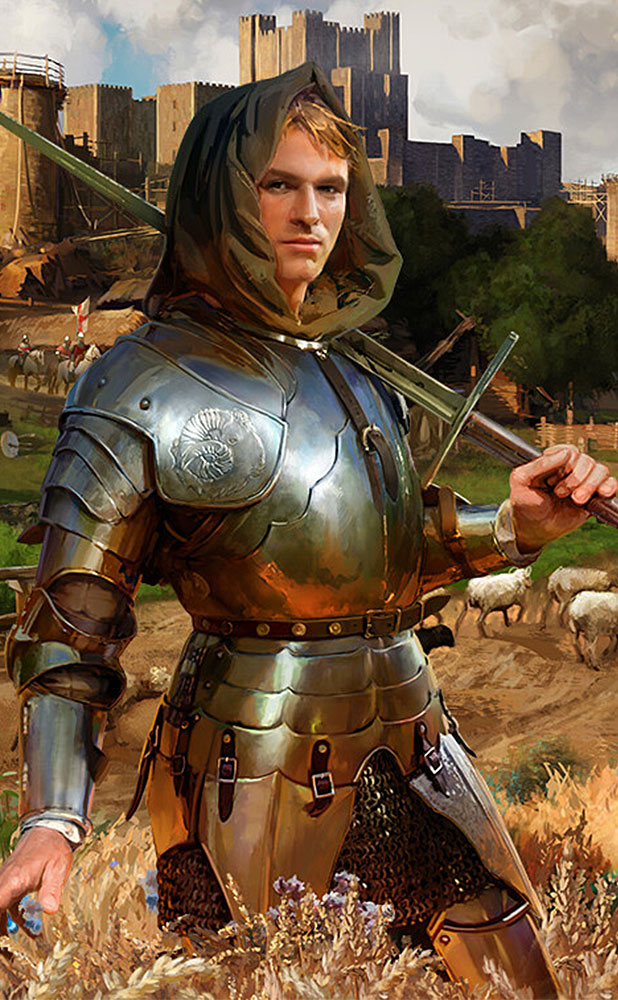A medieval knight in armour standing in front of a castle in a field of wheat.