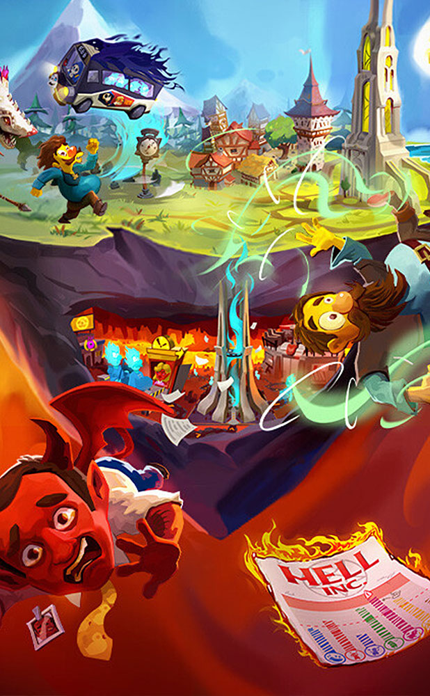 A floating island with a lush green surface but with a fiery underworld beneath it. A red imp is distressed and flying forward.